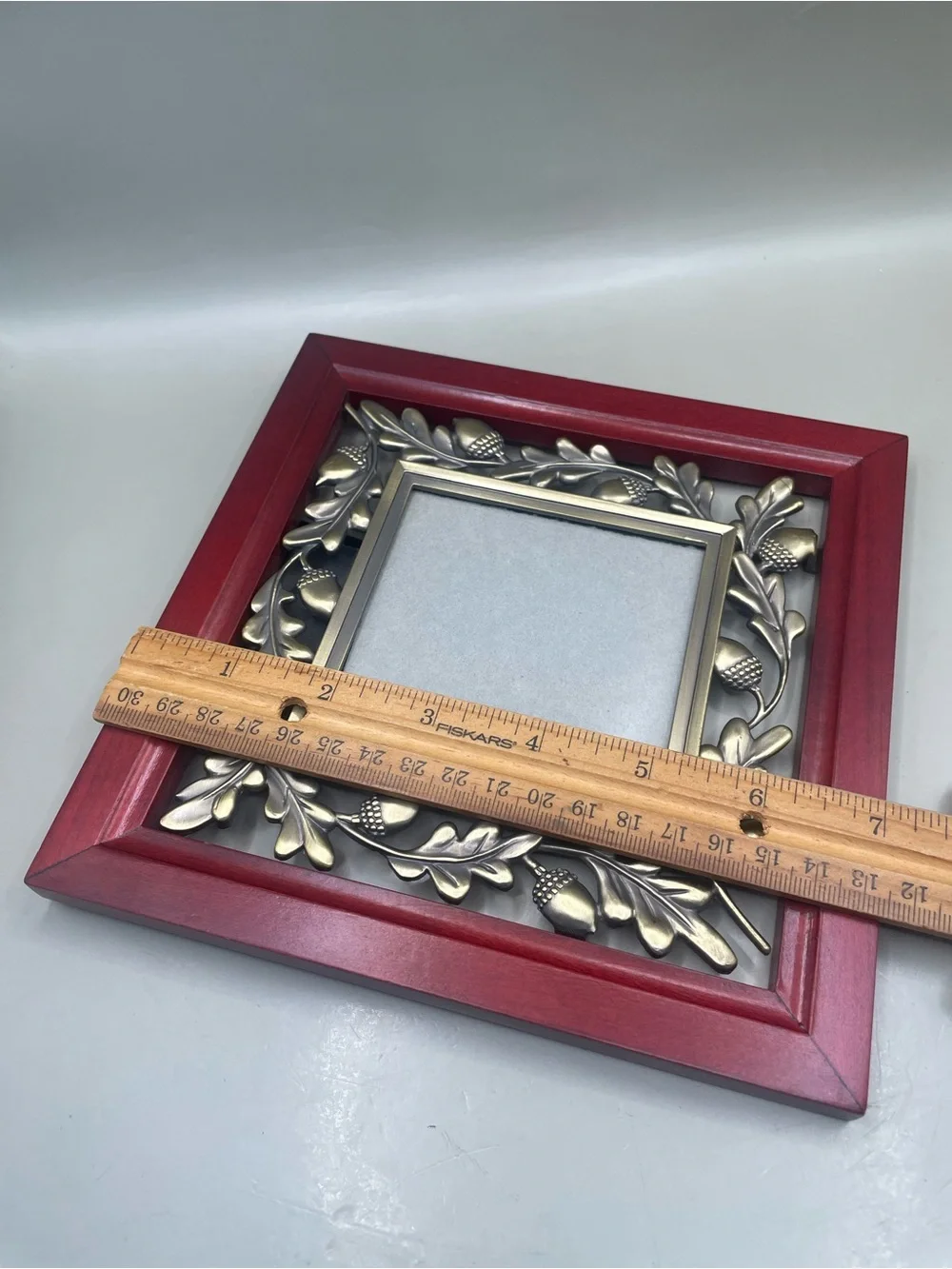VTG Burnes Of Boston 2 Tone Metal Acorns Wood Easel Back Photo Frame 3.5x3.5”